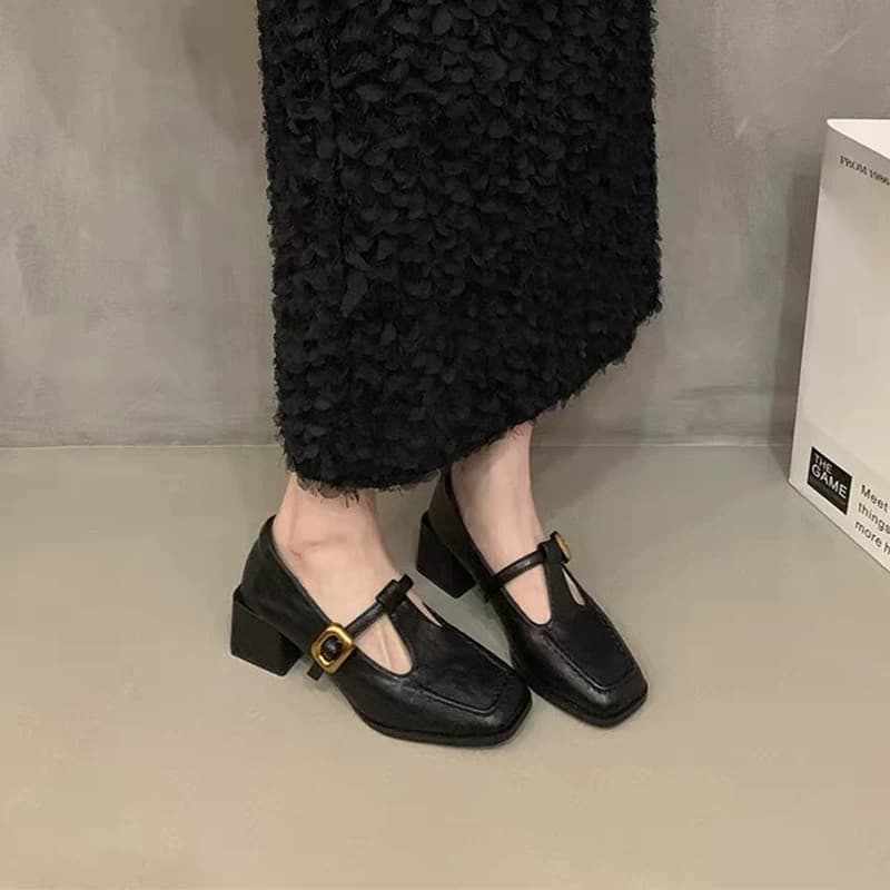 French Vintage Elegant Single Shoes for Women 2025 Winter New Style Shallow Mouth Chunky Heel Commuter Shoes Square Toe Elegant Shoes