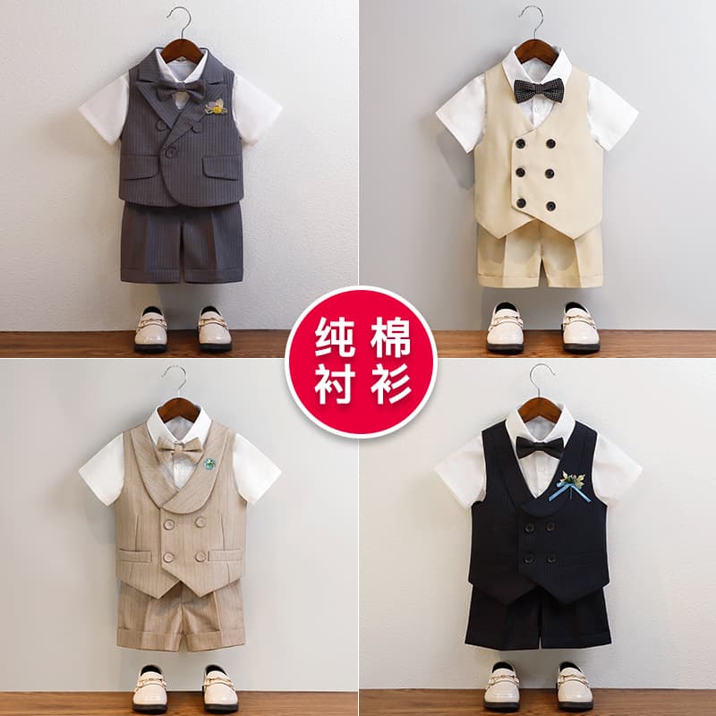 Boys' Suit Set: Short-Sleeve Vest, Suspenders, and Pants Outfit for Toddlers, Flower Boy Wedding Suit, Host Performance Wear