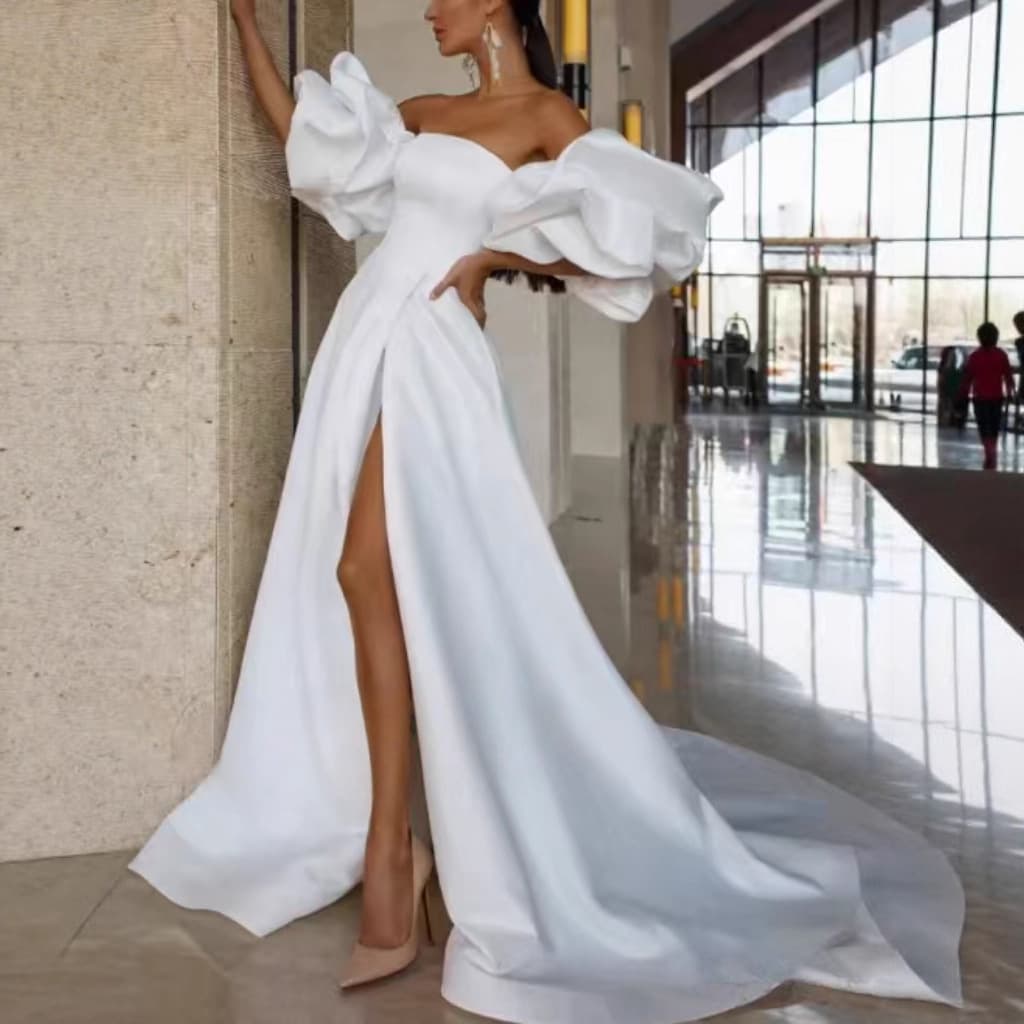 White Off-Shoulder Puff Sleeve Bride Simple Wedding Dress with Slit Design, Slim Fit, Train Long Gown for Engagement Banquet