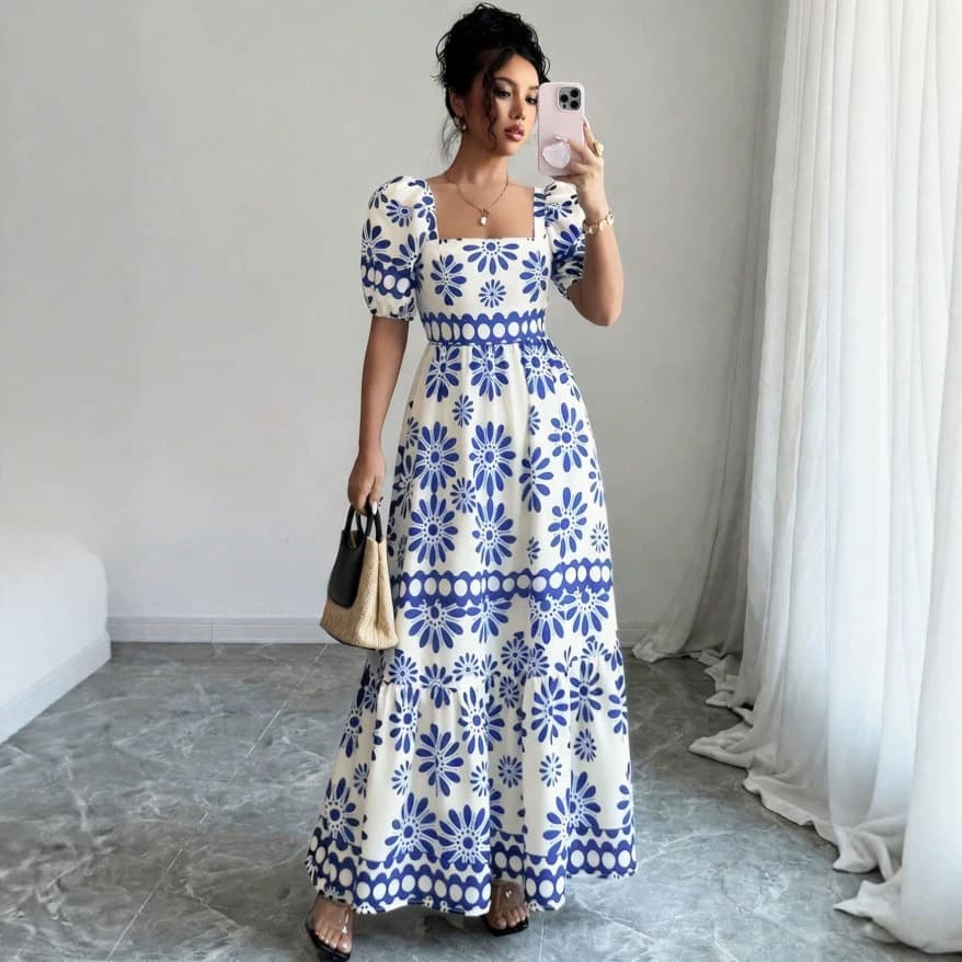 2026 European and American new style blue and white printed square collar puff short-sleeved long skirt high waist layered lotus leaf large hem dress