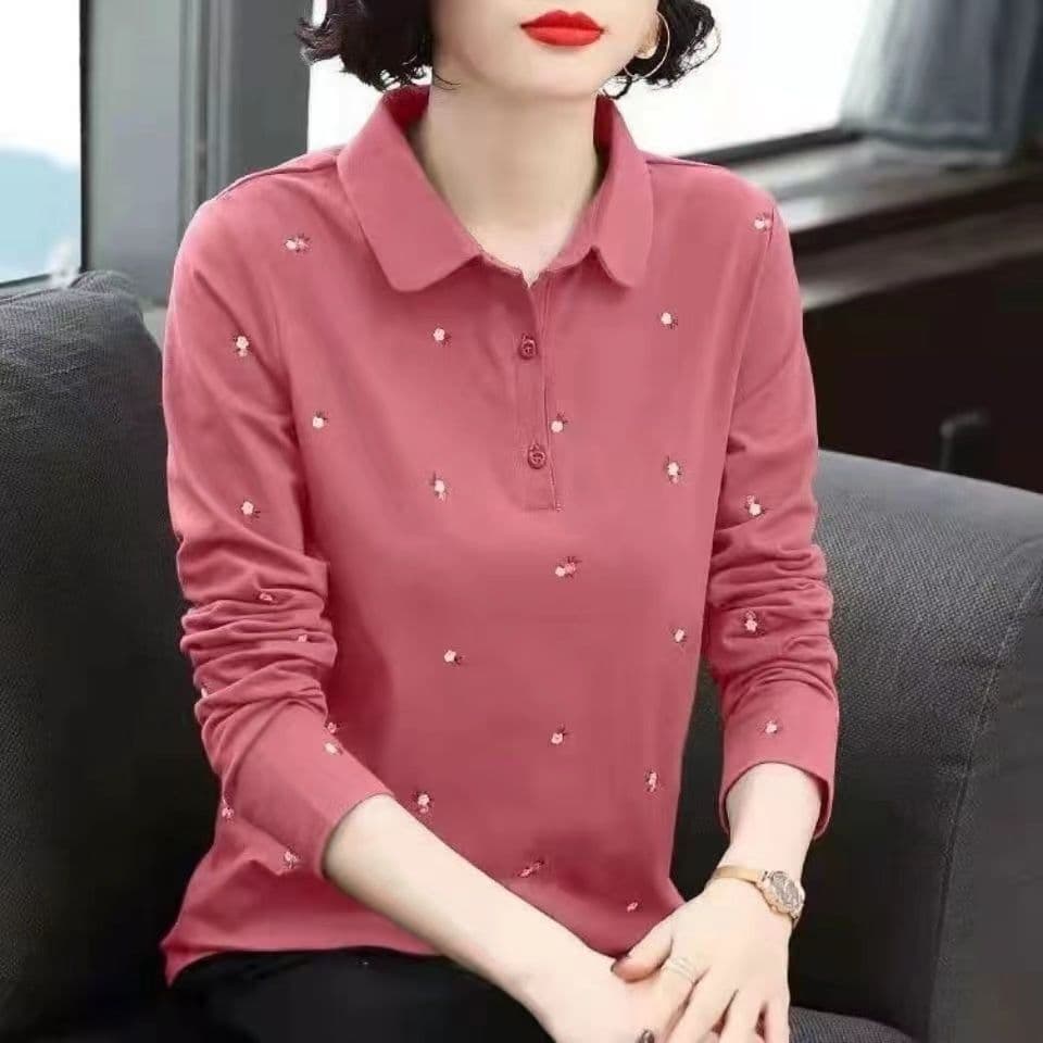 Spring and Autumn Fashionable Shirt, Elegant and Youthful, Long-Sleeved, Collared Base Layer Top for Young Mothers
