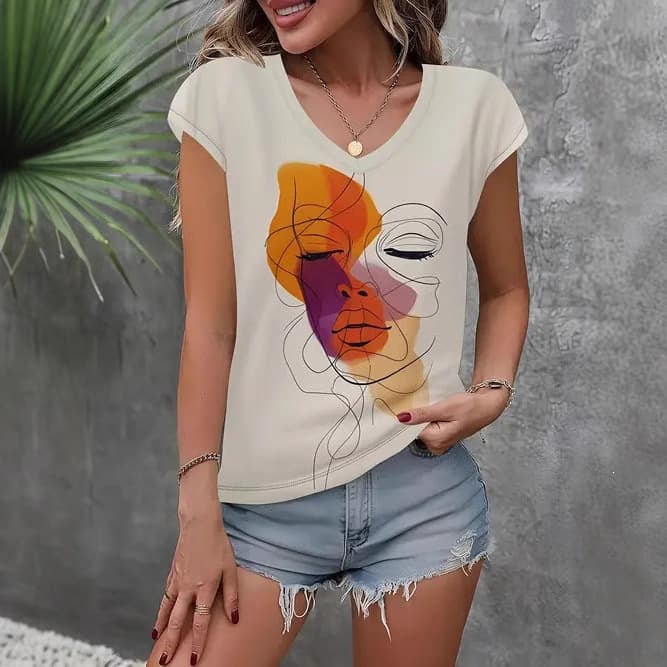 Summer 2025 New Women's Casual Vintage Print V-Neck Slim Sleeve Top for Cross-Border EU & US Markets