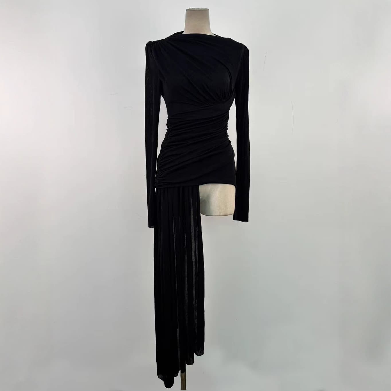 25 Fall/Winter New Arrival European and American Cross-Border Vietnamese Niche Design Knitted Stretch Pleated Waist-Nipping Irregular Top with Flowing Ribbon