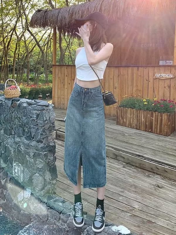 New Arrival in Stock Niche High-Waist Split Denim Skirt for Women Summer A-Line Midi Skirt for Pear-Shaped Body Hides Hips Bodycon Pencil Skirt