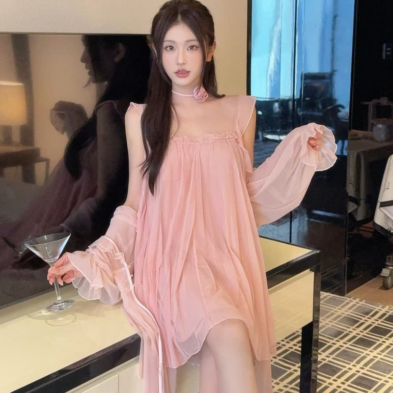 Fairy Vintage Palace Style Nightgown for Women, Summer Cute Lace Princess Camisole Mesh Robe Two-Piece Pajama Set