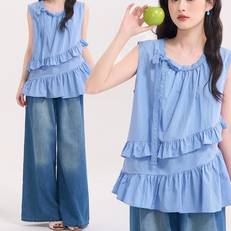Huātián Chúchuāng HTmeme Memory Fragrance ~ Korean-style Lotus Leaf Lace Tie Round Neck Sleeveless Vest Blouse for Women Summer