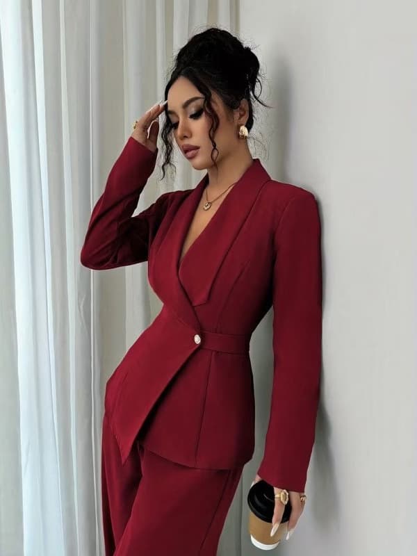 Women's European and American Fashion Spring Autumn Casual Suit, Solid Color V-Neck Long Blazer with Wide-Leg Pants Two-Piece Set