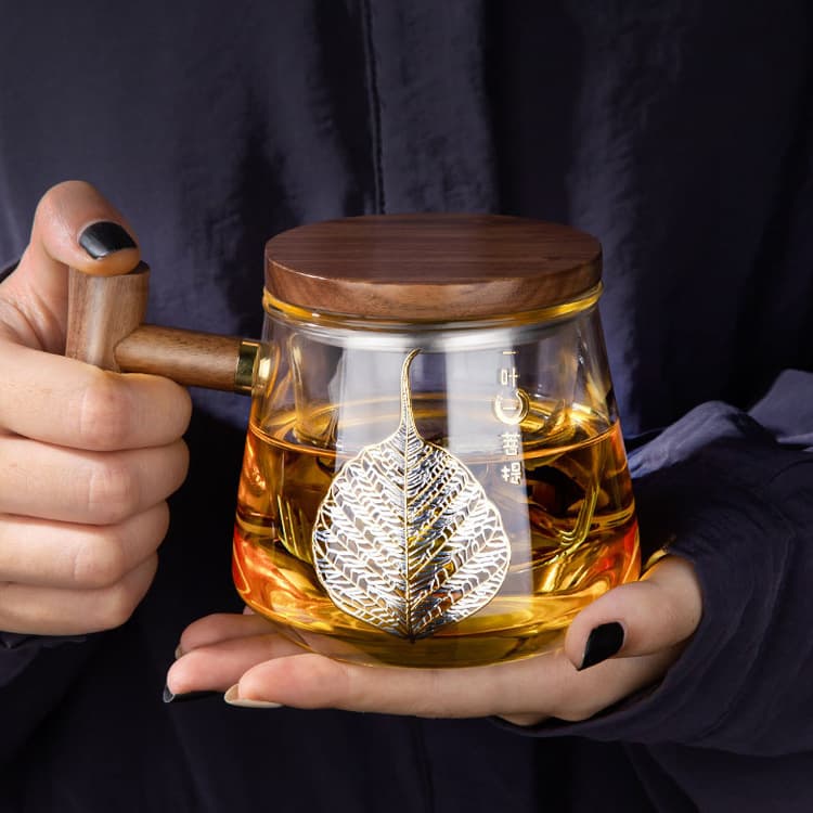 High borosilicate glass wooden handle three-piece cup for home office tea and water separation tea cup with lid modern and simple tea cup