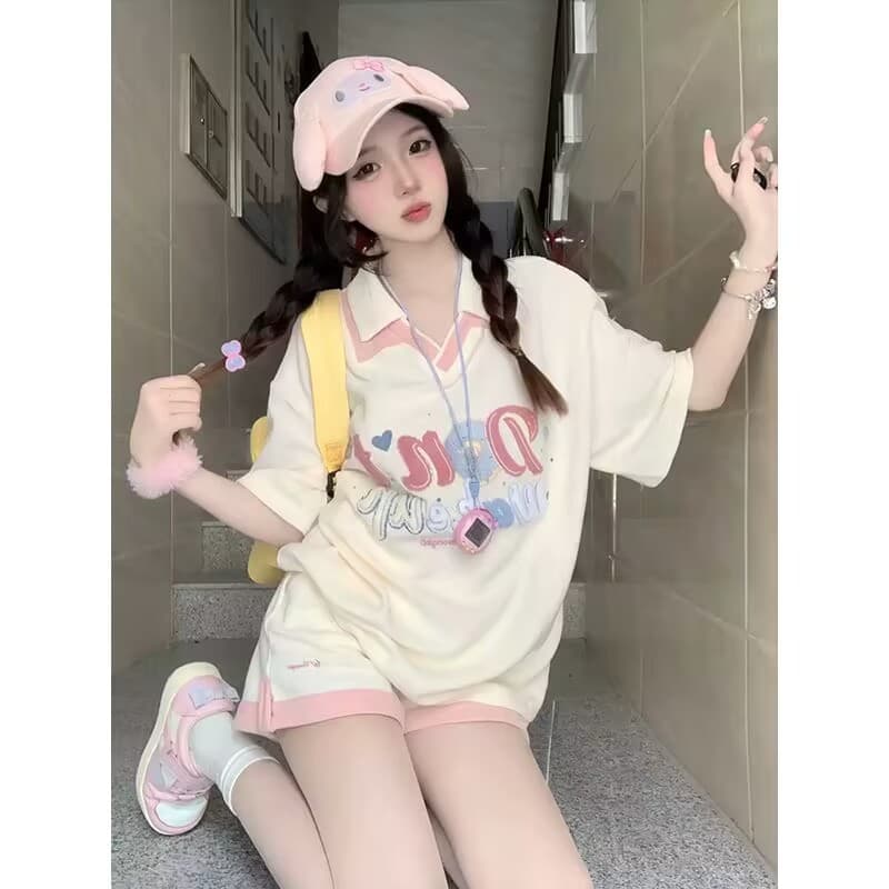 Women's Summer Sport Set, Korean Style Loose Fashionable POLO Short Sleeve and Shorts Casual Two-Piece Set