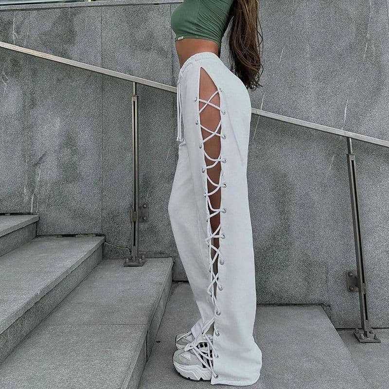 European and American Style 2026 Women's New Arrival Fashion Solid Color Slim Side Slit Eyelet Lace Hollow Wide Leg Long Pants