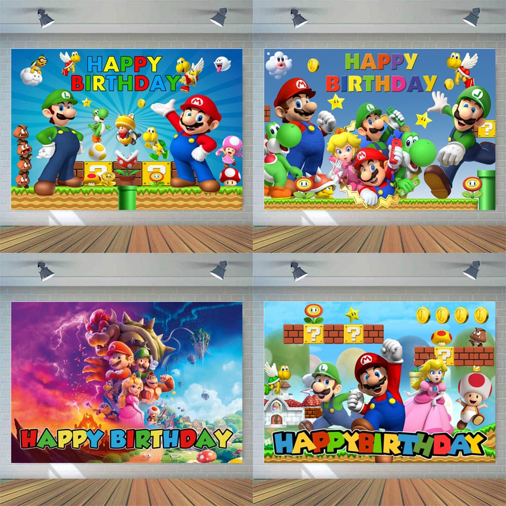 New Mario Birthday Backdrop Cloth Mario Game Birthday Backdrop Cloth Holiday Party Decoration Export Cross-Border