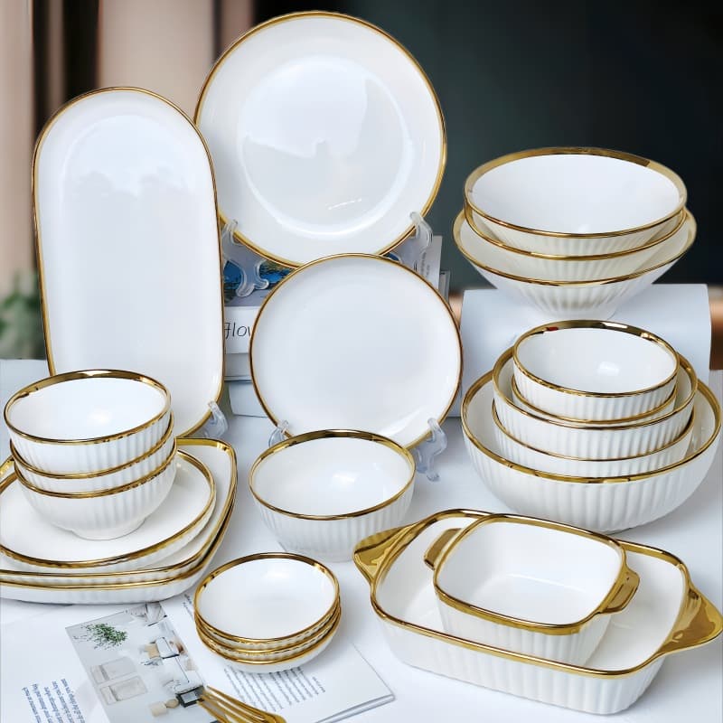 Gold-Trimmed Tableware Set, Ceramic Rice Bowls, Noodle Bowls, Bamboo Hat Bowls, Double-Handle Bowls, Fish Plates, and Square Plates for Home Use