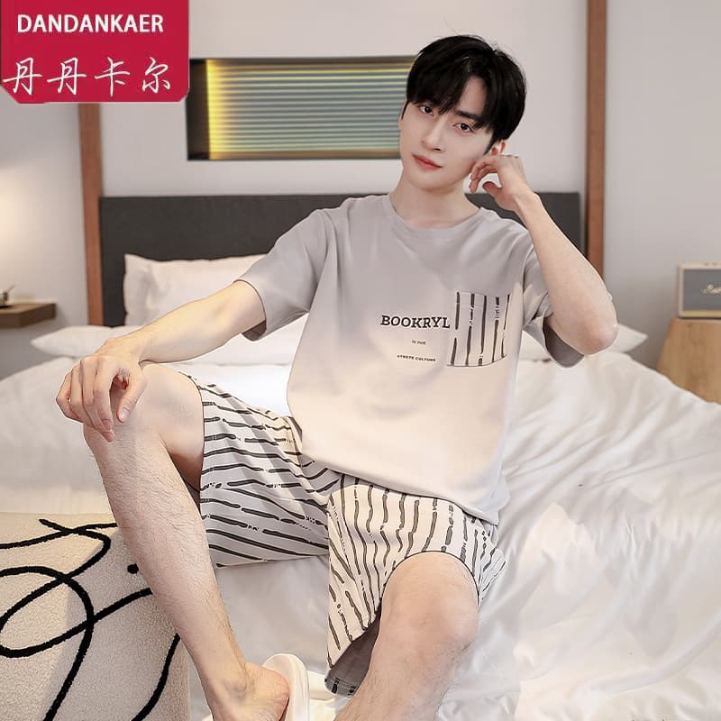 Men's Pure Cotton Summer Sleepwear Short Sleeve Shorts Thin Casual Sports Home Clothes round Neck Can Be Worn outside