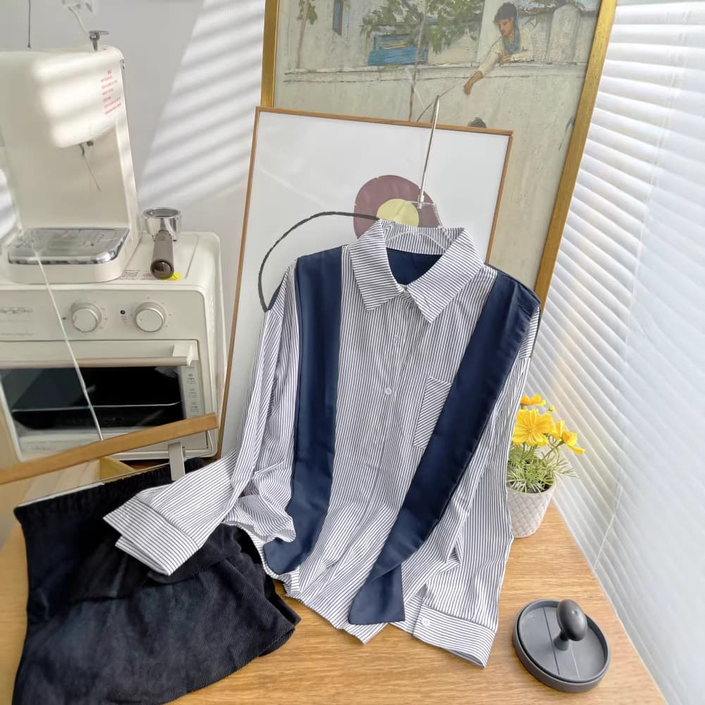Fresh Green Striped Shirt for Women Long Sleeve 2024 New Design Stylish Loose Fit Campus Style Top 4568