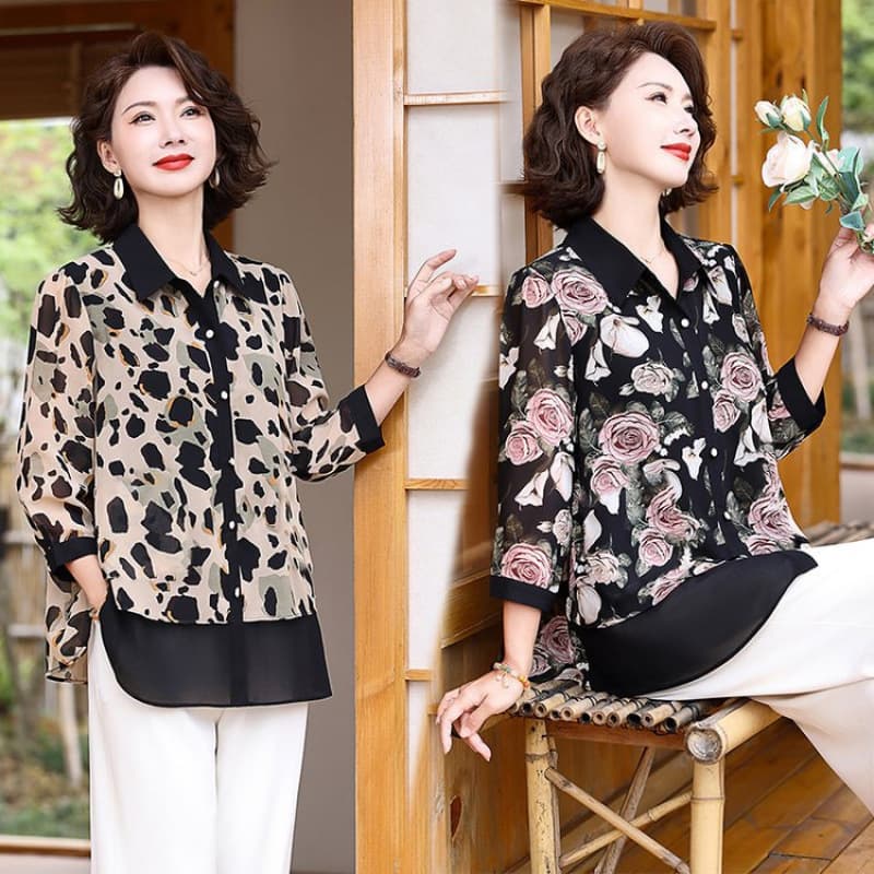 Fashionable Chiffon Blouse for Mothers, Summer Wear 2024 New Style Three-Quarter Sleeve Elegant Top for Middle-Aged and Elderly Women