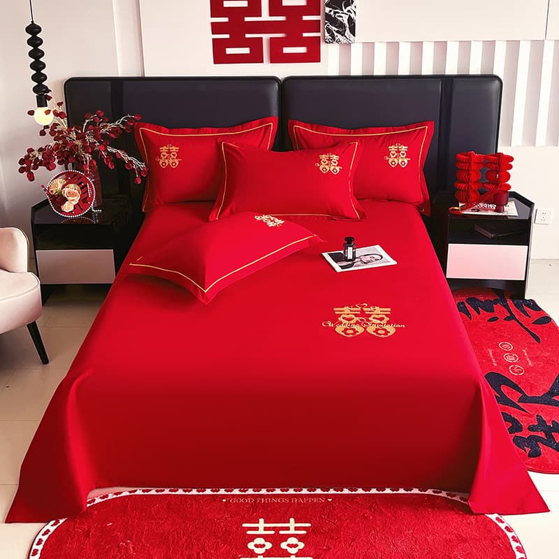 Chinese Wedding Big Red Bed Sheet Single Piece Bridal Room Decoration Dowry Pillow Case Happy Event Bedding Three-Piece Set