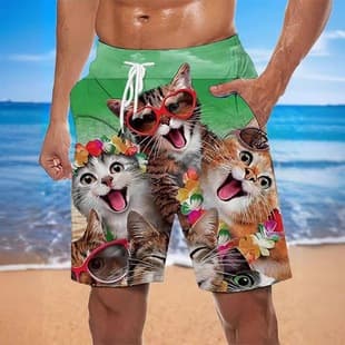 Europe and America Cross-Border Men's Loose Beach Shorts Summer Surf Shorts 3D Printed Cat Pattern Casual Sports Shorts