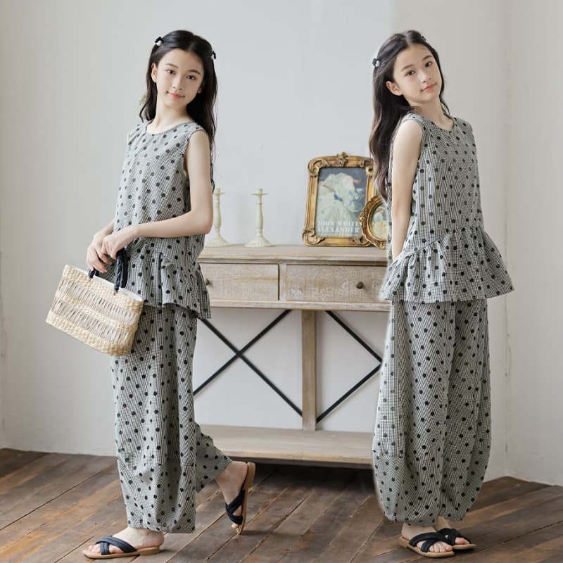 Girls' Set 2026 Summer New Japanese Polka Dot Doll Blouse Carrot Pants Set Mid-Large Size Kids Parent-Child Set