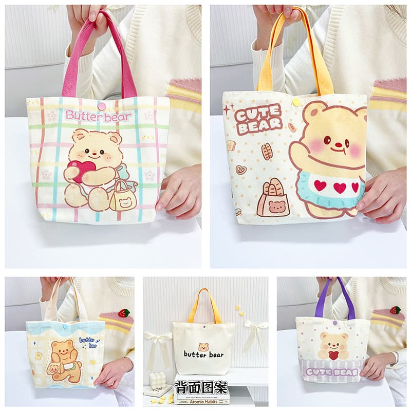 Adorable Bear Handbag Large Capacity Canvas Tote Bag for Women Going to Work Street Trend Style Printed Soft Vertical Square Bag