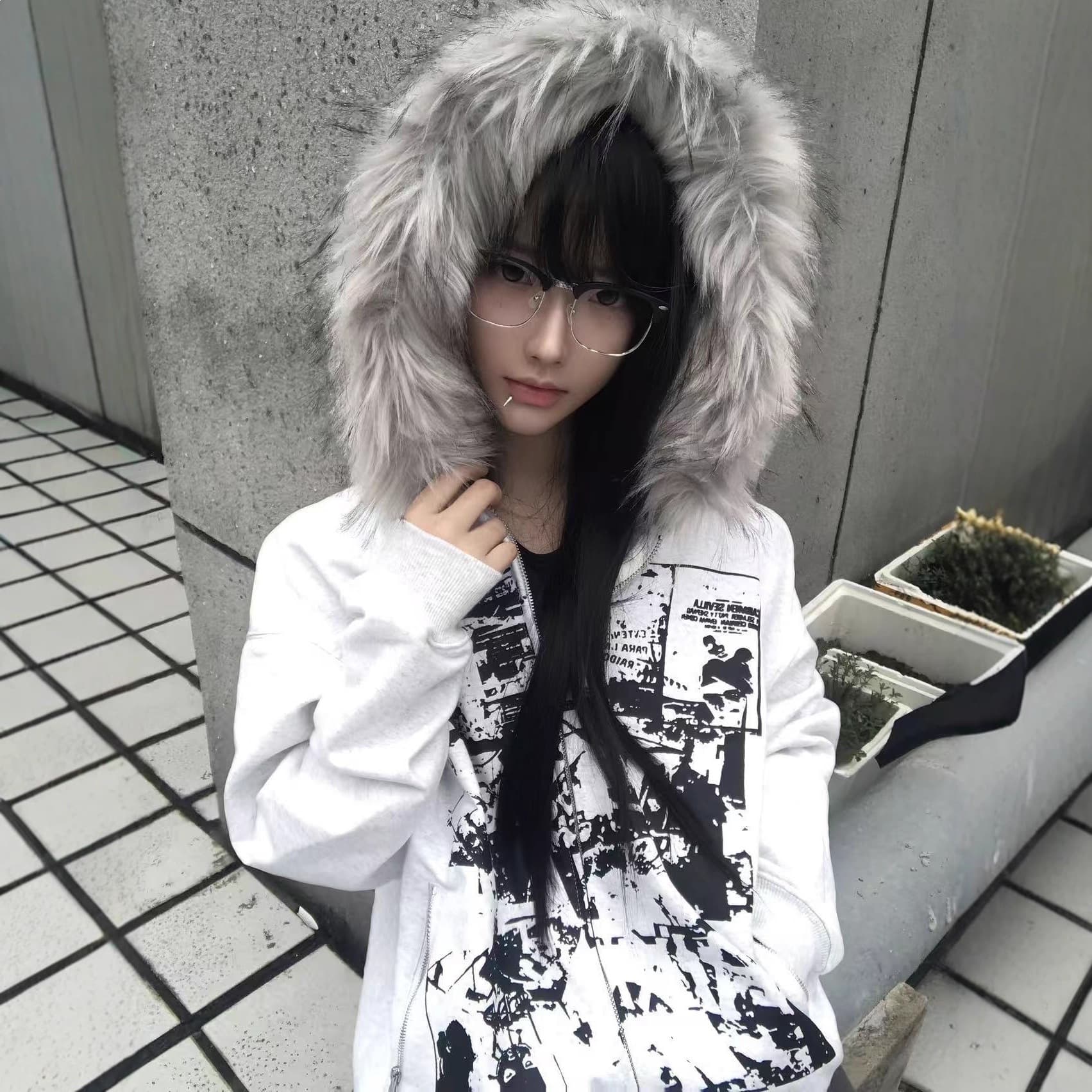 Y2K black and white newspaper portrait print oversize heavy fur collar print casual zipper hoodie