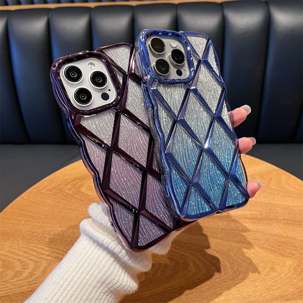 Private model three-dimensional rhombus pattern suitable for iPhone15 mobile phone case Apple 16 gradient water wave glitter protective cover 13