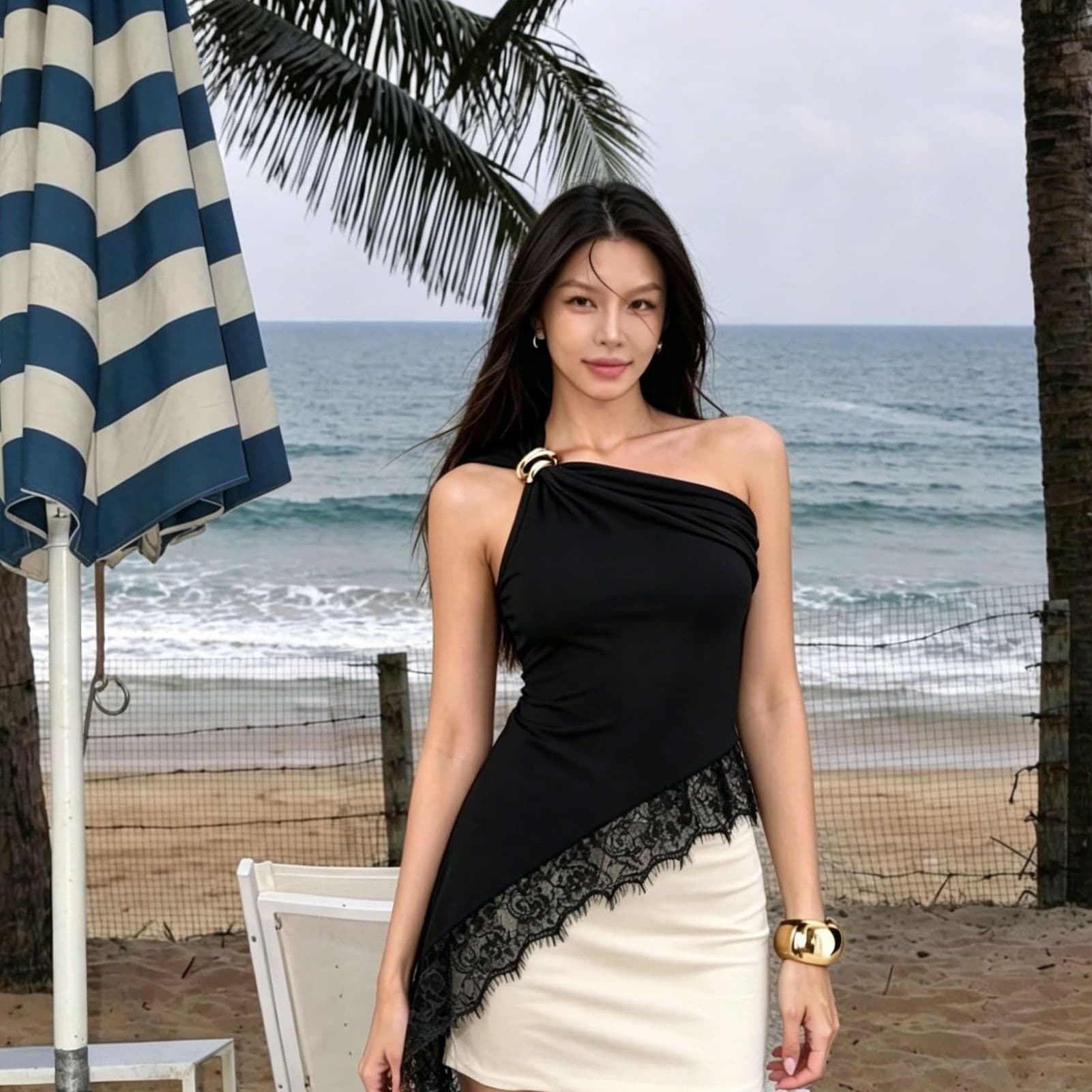 Amazon 2026 Cross-border Women's Sleeveless Lace Patch Asymmetrical Off-Shoulder T-Shirt Top Slim Fit High-End Style