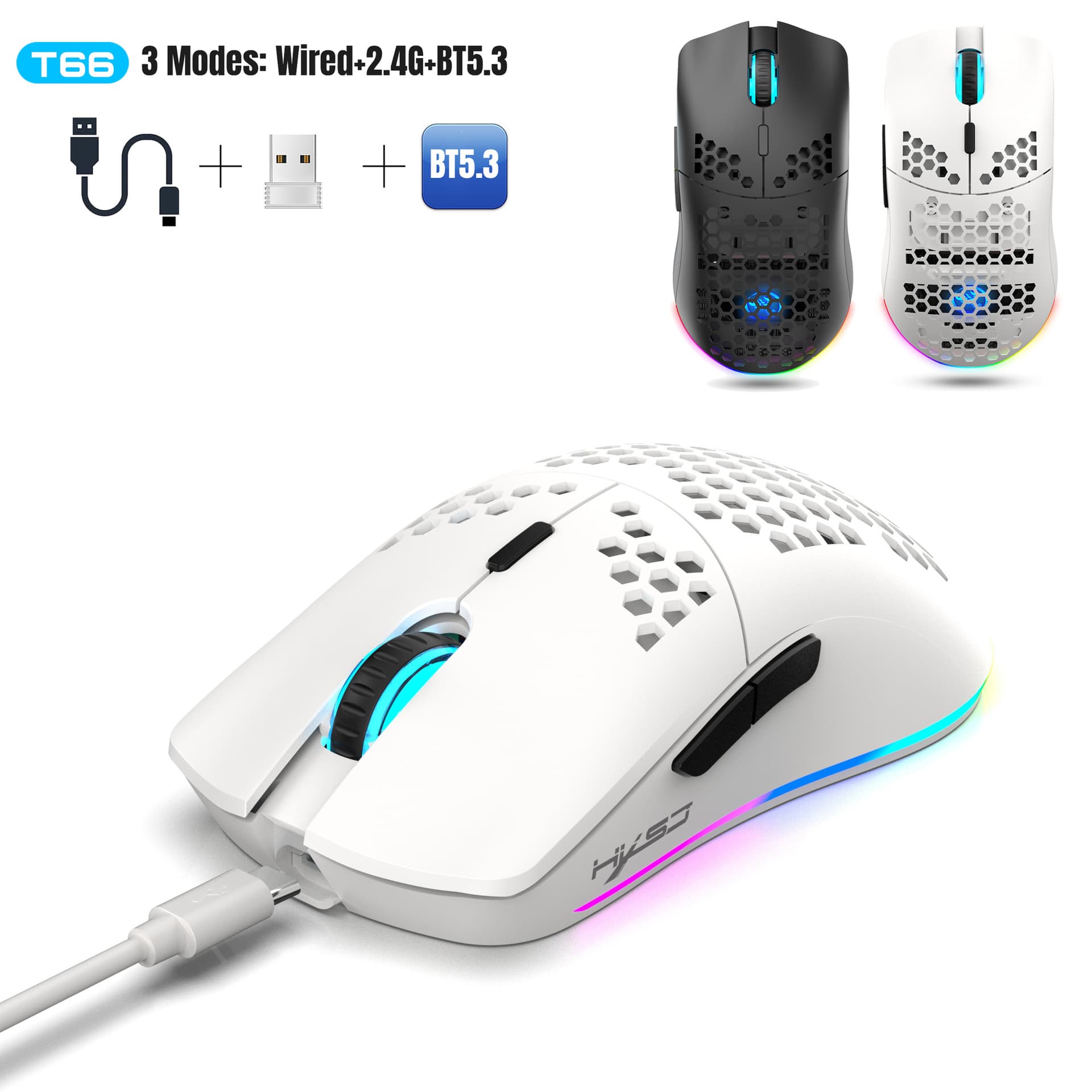 New Tri-Mode Wireless Mouse 2.4G / Wired / BT5.3 Honeycomb Mouse 3600dpi Rechargeable Gaming Mouse In Stock