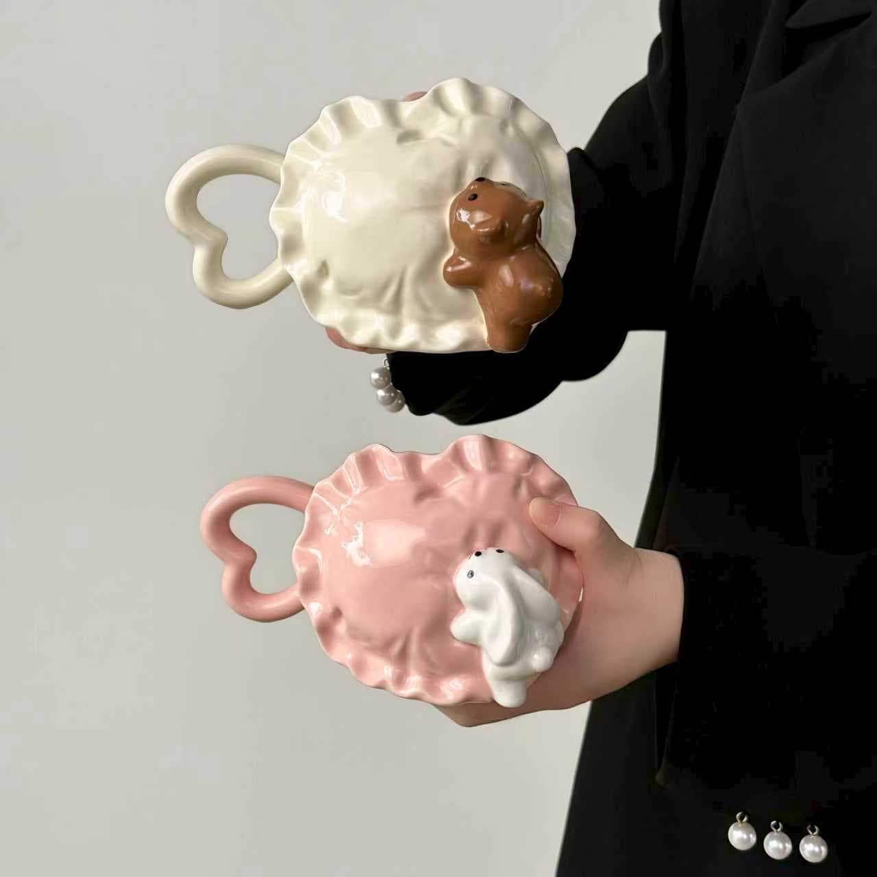 Lace love ceramic mug niche three-dimensional lying bunny bear cute girl heart cup couple gift