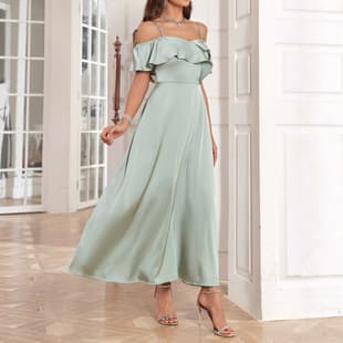 Cross-Border French Fresh Mint Green Gown, Off-Shoulder Camisole Ruffle Midi Dress, Outdoor Light Wedding Bridesmaid Dress