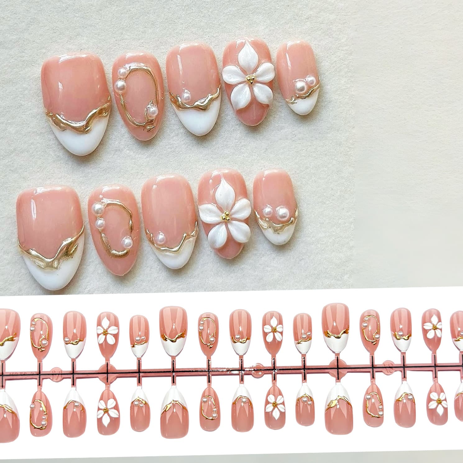White French Short Almond Press-On Nails Cross-Border Bestseller European American Nail Tips Pearl 3D Floral