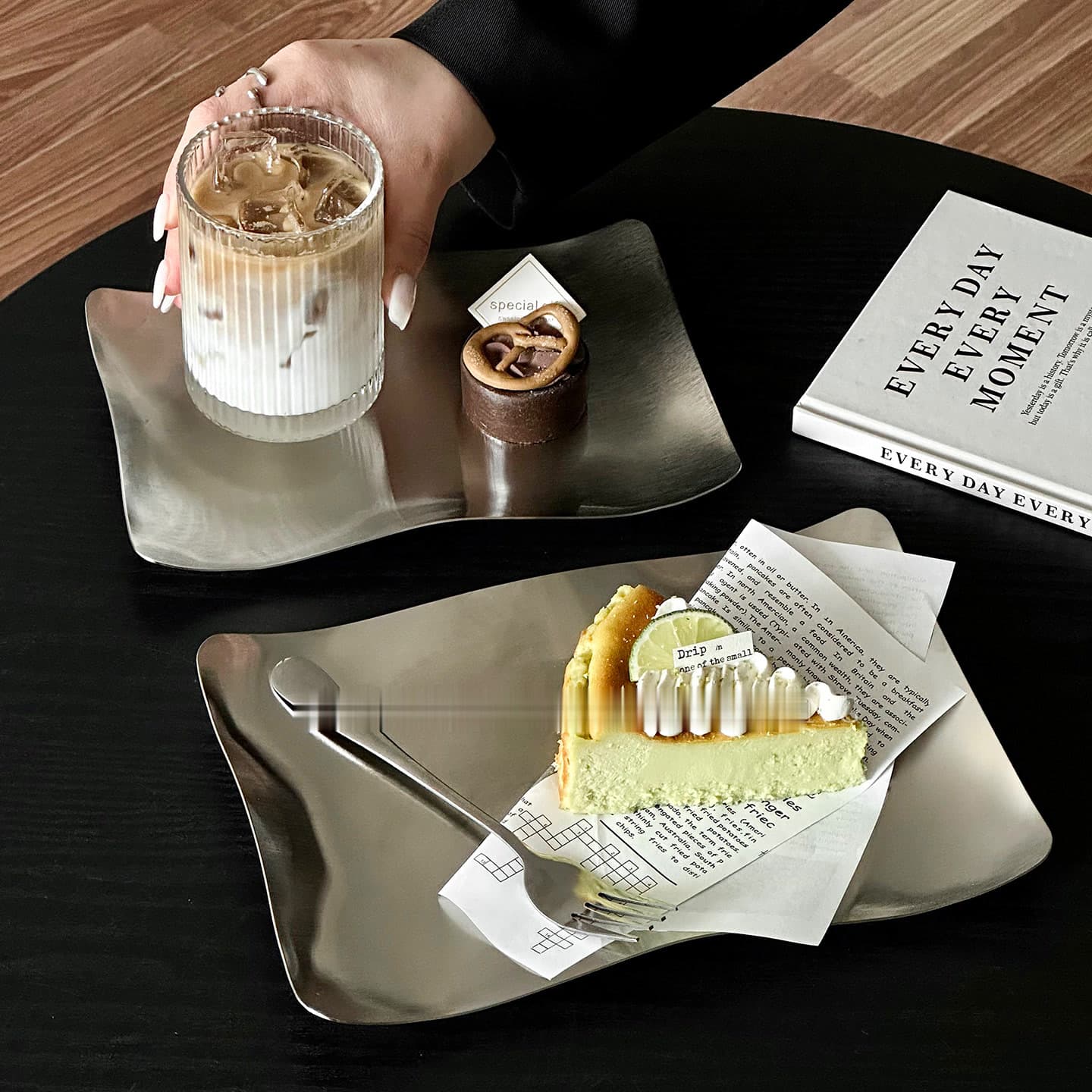 Industrial Style Stainless Steel Wavy Rectangular Plate, Cafe Plate, Cake Dessert Plate, Afternoon Tea Cup Tray