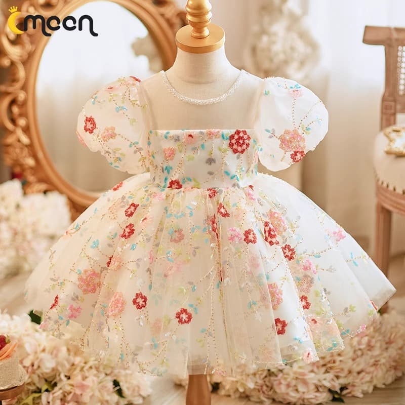 Girls' First Birthday Dress Flower Sequin Princess Dress Puff Sleeve Birthday Flower Girl Host Piano Runway Performance Costume