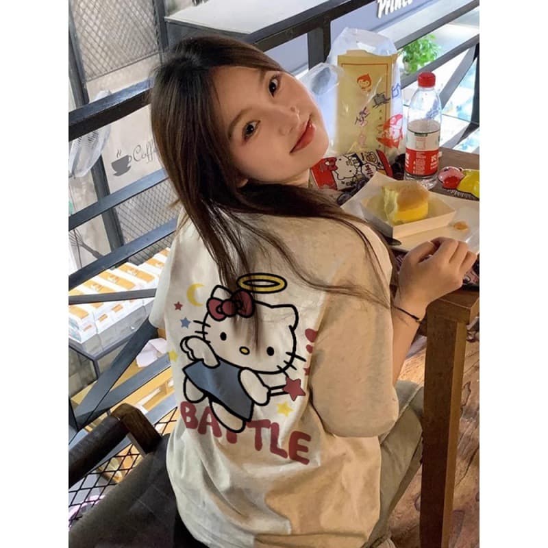 Cotton American-style Kids' Hello Kitty Printed Short Sleeve T-Shirt for Women, Summer Loose Fit, Slimming, Cute Design Top, Ins Style
