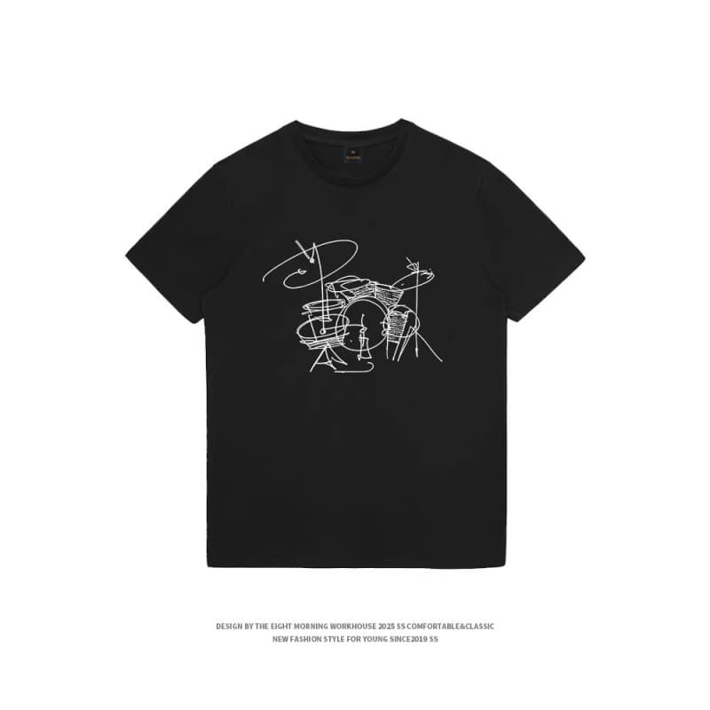 Guangzhou Yiyide Clothing Factory Abstract Rockism Creative Line Graffiti Drum Kit Short Sleeve Men's Loose Pure Cotton