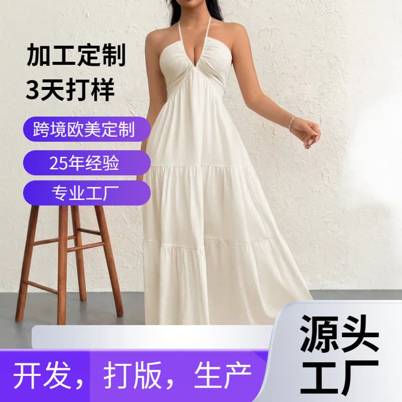 In-Stock 2026 Summer Tk Cross-Border Women's A-Line Dress Deep V-Neck Low-Cut Vacation Party V-Neck Low-Cut Sexy Strap Dress