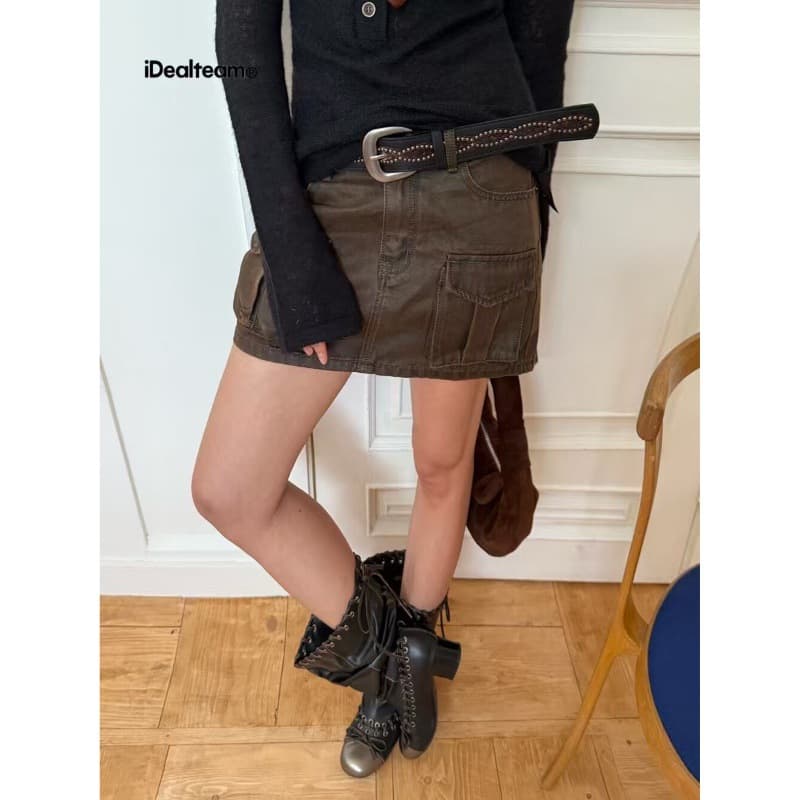 Korean Style 2025 Autumn New Fashionable American Retro High-Street Cargo Pocket Skirt (with Belt)