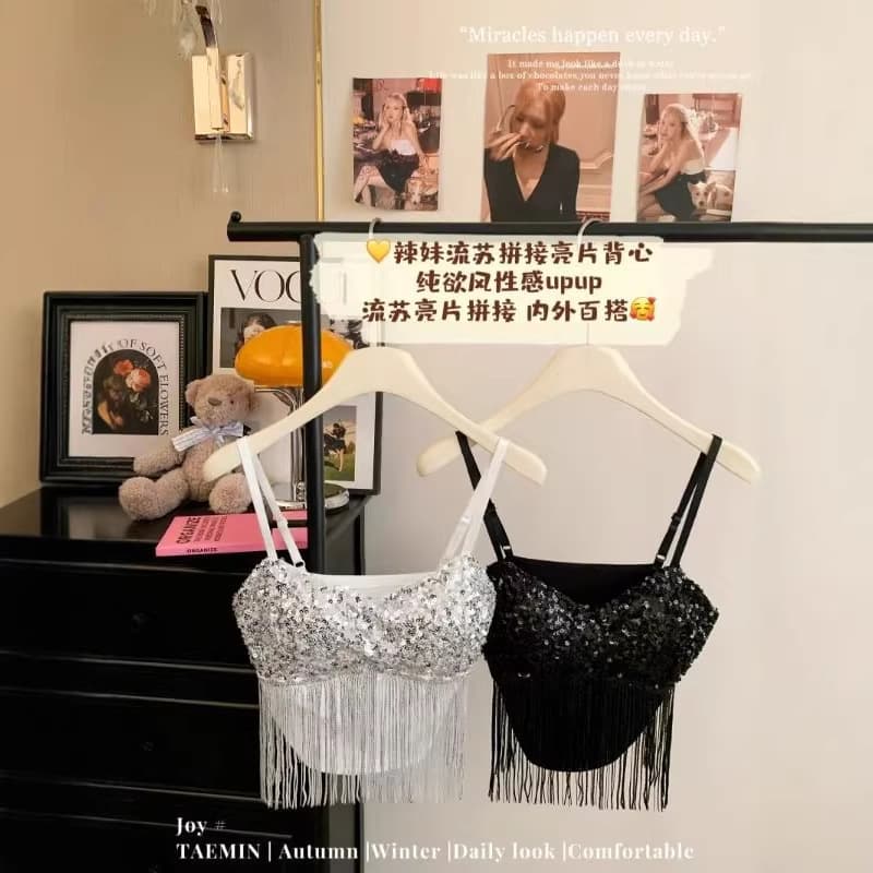 Sexy Shiny Sequin Camisole Top for Women with Built-in Pads, Anti-Exposure, Backless, Strapless, Sleeveless Undershirt