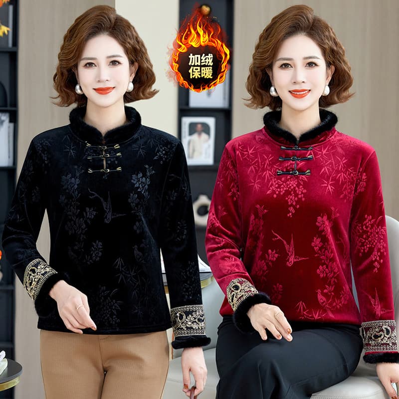Chinese Style Mother's Warm Retro New Chinese-style Base Layer Autumn and Winter Buttoned Tang Suit Fleece-lined T-shirt Women's Top