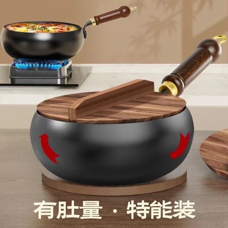 New thickened nitrided belly pot iron wok, household mini deep frying pan without coating, handmade non-stick flat bottom