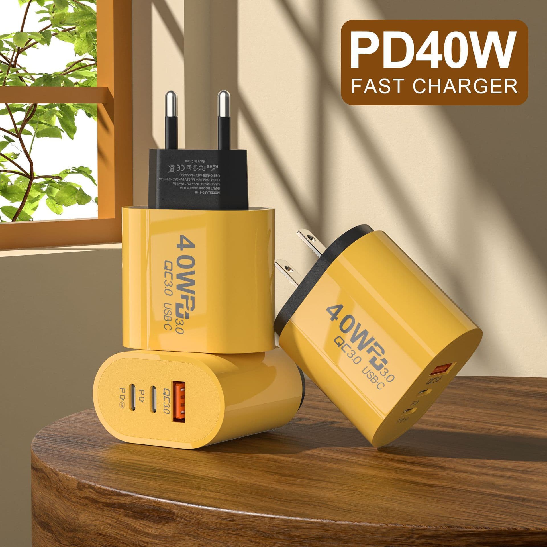 Cross-border 40W Dual PD+USB Charger for iPhone 15 Huawei Phones Dual Type-C Smart Fast Charging Head