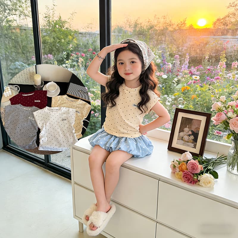 Girls' T-Shirt 2026 Summer New Style Short-Sleeve T-Shirt for Young Children, Polka Dot Round Neck Sweet Top Trendy Clothing