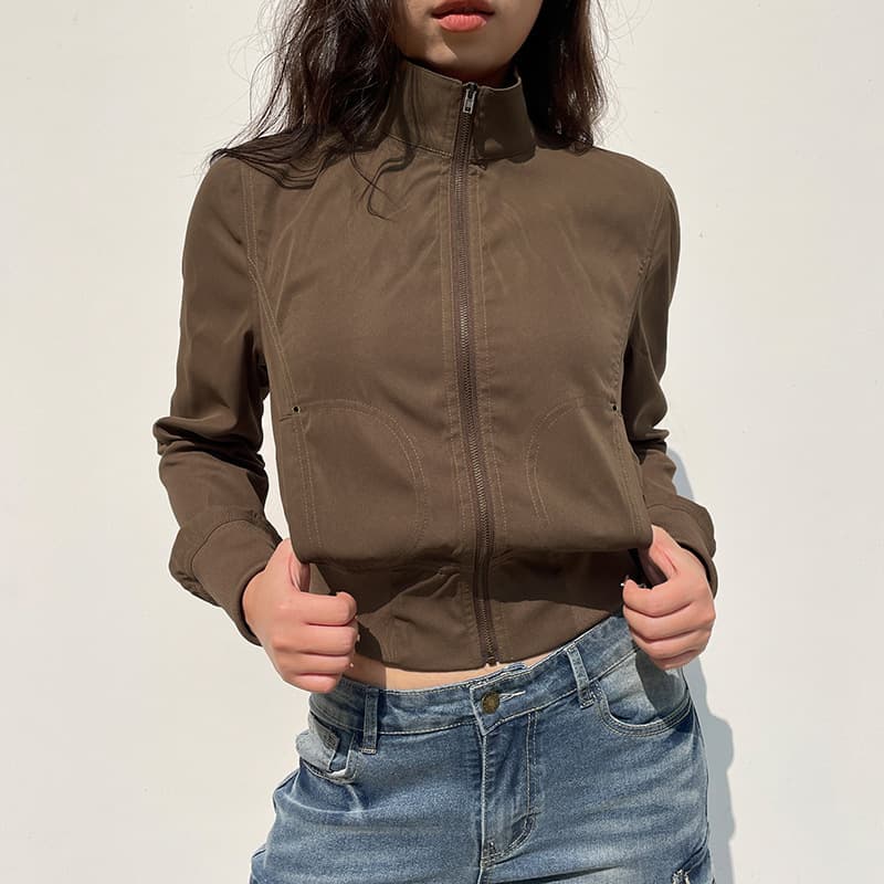 New Cross-Border American Streetwear Workwear Waist-Cinching Jacket Retro Brown Zipper High Neck Slim Casual Fashion Coat