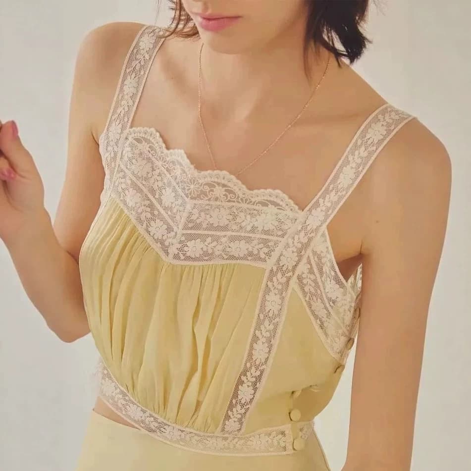 French Niche Light Luxury Lace Trim Spaghetti Strap Short Top Side Single Row Button High Waist Skirt Long Skirt Set