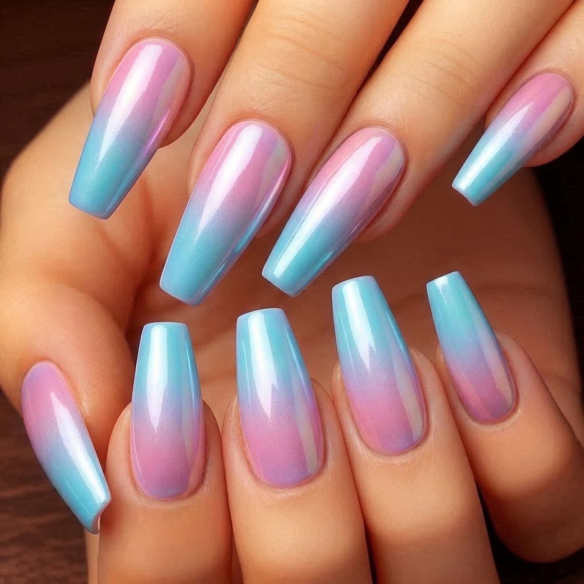 Bright pink and blue gradient long coffin wearable nails reusable fake nails girl manicure patch
