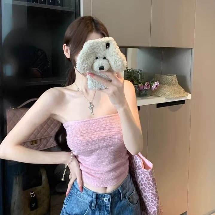Heavy Sparkle Pink Camisole Top for Women, New Summer Pure Desire Hot Girl One-Shoulder Tube Top Stunning Small Top