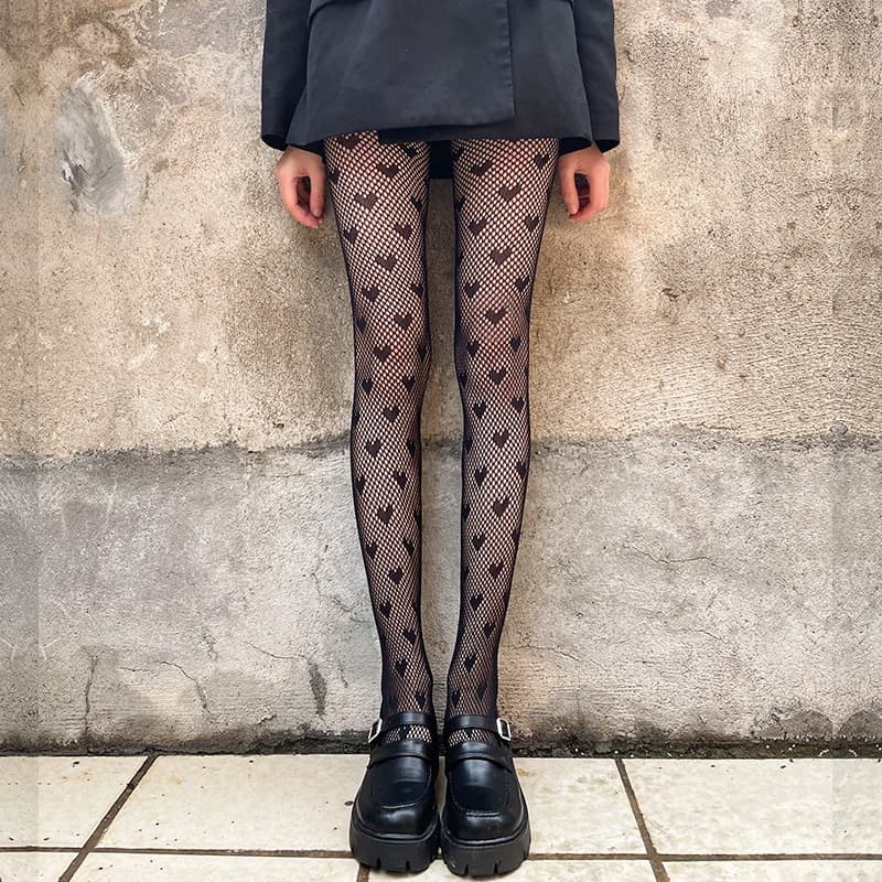 Black Silk Fishnet Stockings, Internet Popular Trendy Heart-Shaped Black Silk Sexy Pantyhose, Anti-Snag Silk, White, Spring and Autumn JK
