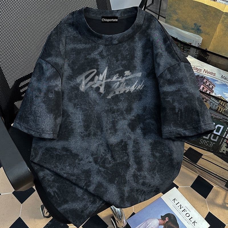 New tie-dye high street short-sleeved printed shirt men's summer American trendy brand letter printed half-sleeved top