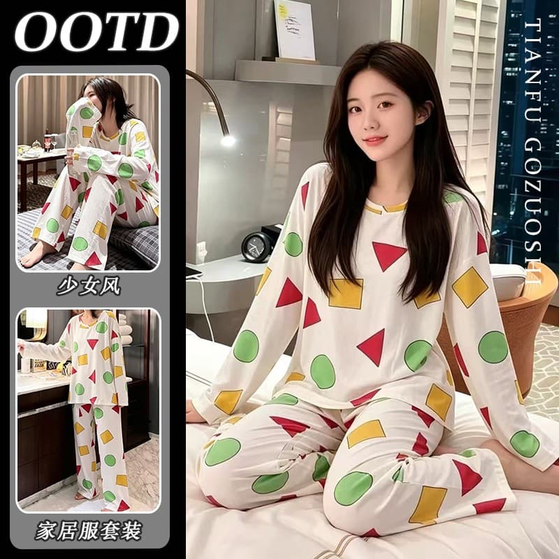 ins Korean cute cartoon pajamas for women spring and autumn pullover long-sleeved trousers large size can be worn outside home clothes set