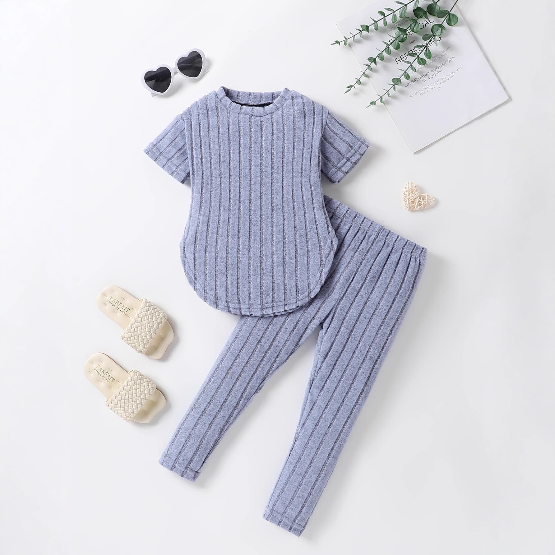 Young Girls Spring/Autumn Fashion Simple Knitted Ribbed Short-Sleeve Top + Long Pants Set