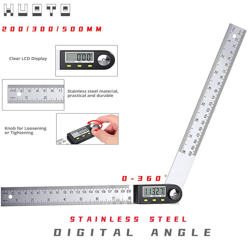 HUOTO 200mm Stainless Steel Digital Protractor, Woodworking Ruler, Angle Measuring Instrument, 360-degree Level